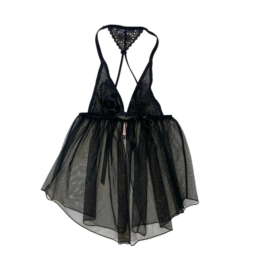 Victoria's Secret Black Racerback Chemise w Laser Cut Floral Pattern